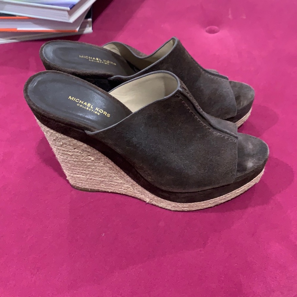 Michael Kors Brown suede open toe wedges 4”